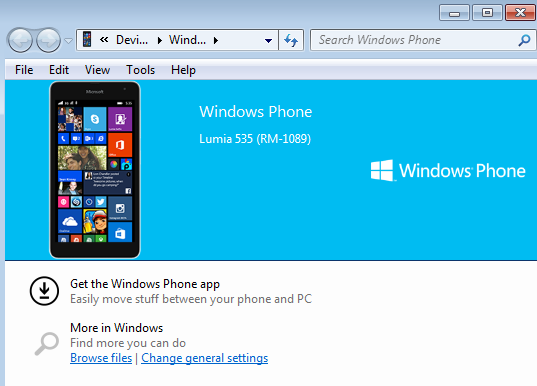 Lumia 535 connected to windows 7