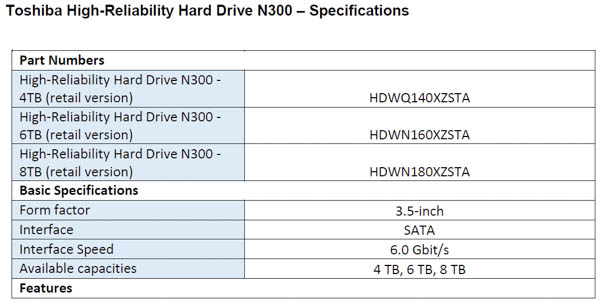 toshiba n300 nas specifications