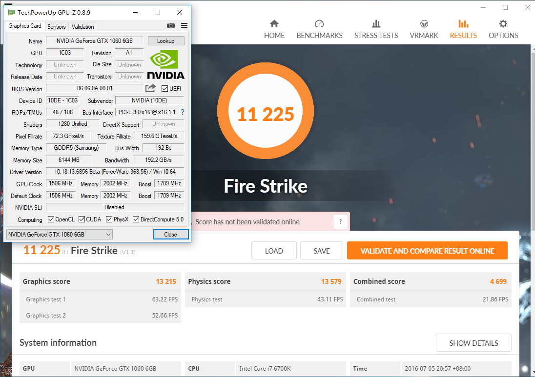 NVIDIA GeForce GTX 1060 6 GB 3DMark Firestrike Performance
