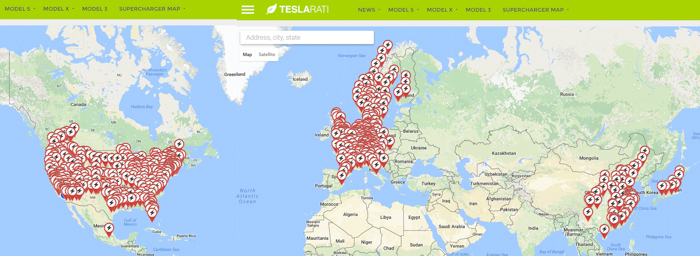 teslarati worldwide supercharging map