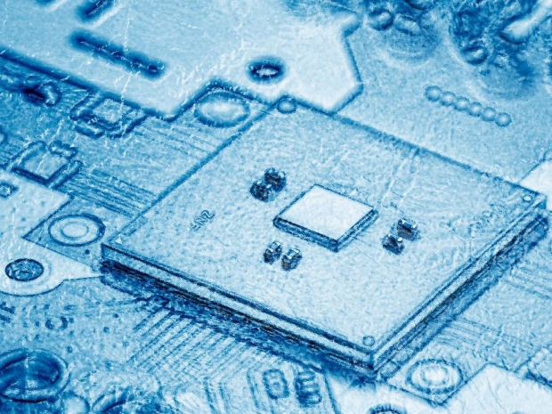 Intel &quot;Horse Ridge&quot; chip mounted on a circuit board. Horse Ridge is a cryogenic control chip for qubits built using Intel’s 22nm FinFET Low Power technology.