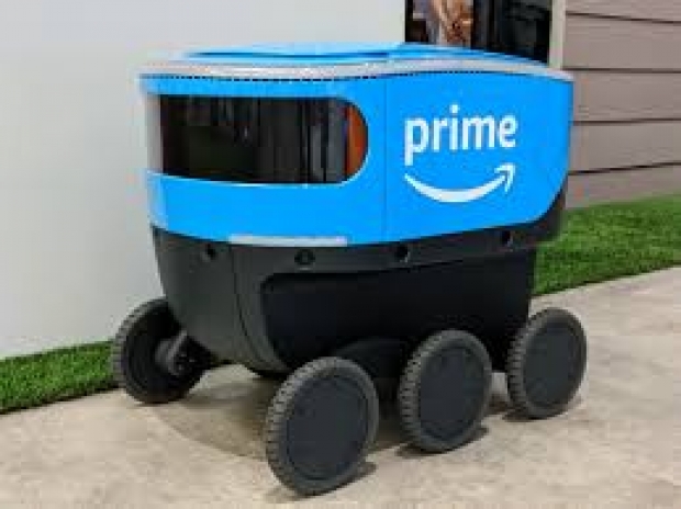 Amazon scout bots emerging from smoke filled garages